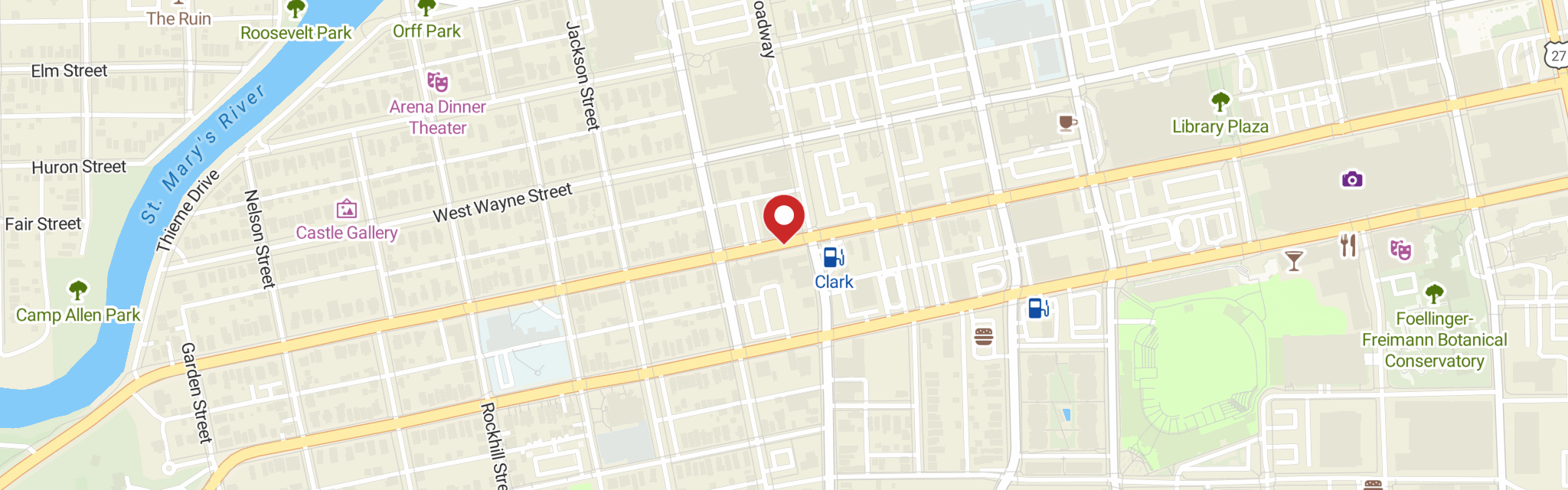 Map of St John's Lutheran Church at 729 W Washington Blvd, Fort Wayne, IN 46802