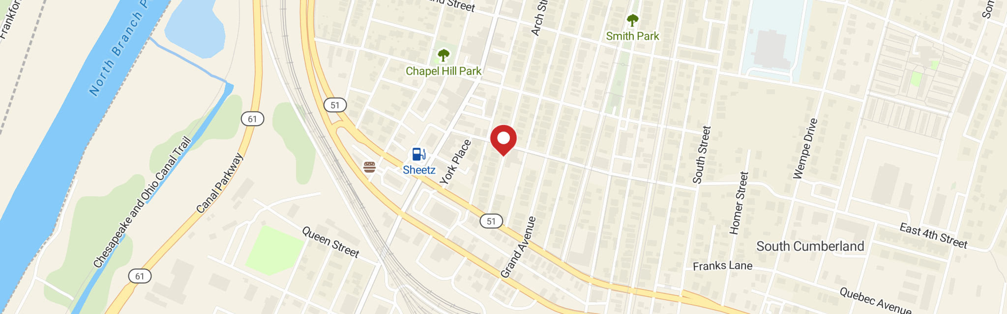 Map of St Johns Lutheran Church at 406 Arch St, Cumberland, MD 21502