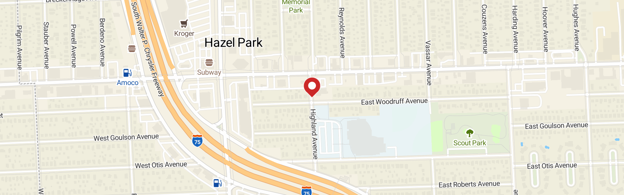 Map of Hazel Park Lutheran Church at 22910 Highland Ave, Hazel Park, MI 48030