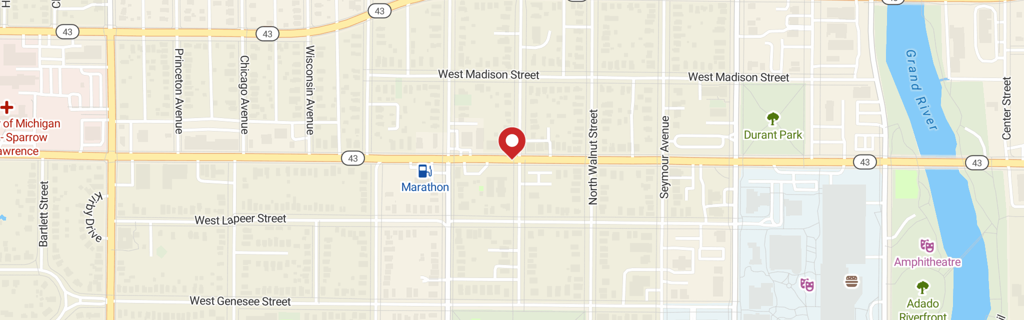 Map of Trinity Lutheran Church at 501 W Saginaw St, Lansing, MI 48933