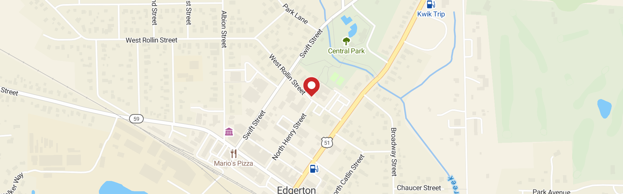 Map of Central Lutheran Church at 100 W Rollin St, Edgerton, WI 53534