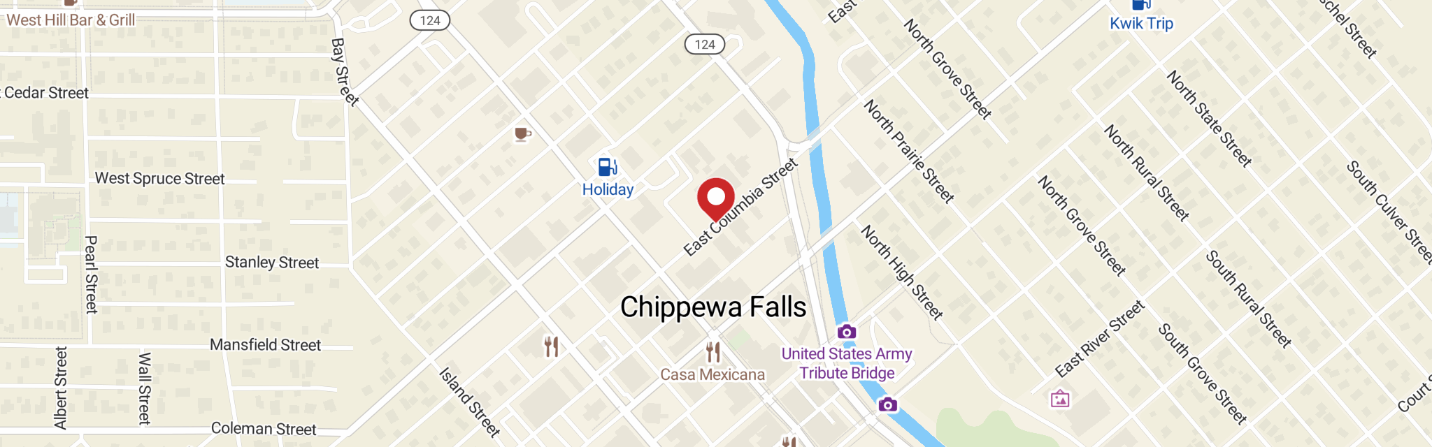 Map of Central Lutheran Church at 28 E Columbia St, Chippewa Falls, WI 54729