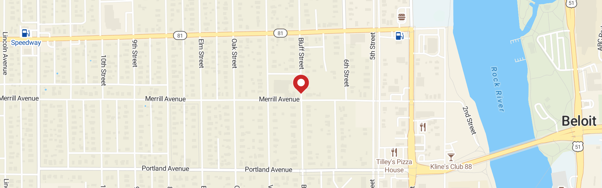Map of St John's Lutheran Church at 1000 Bluff St, Beloit, WI 53511