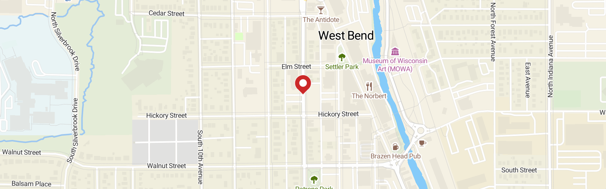 Map of Trinity Lutheran Church at 140 N 7th Ave, West Bend, WI 53095
